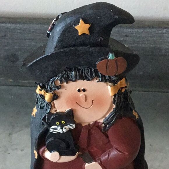 Halloween witch with cat, bat & broom witchy whimsical figurine decor - Picture 3 of 6